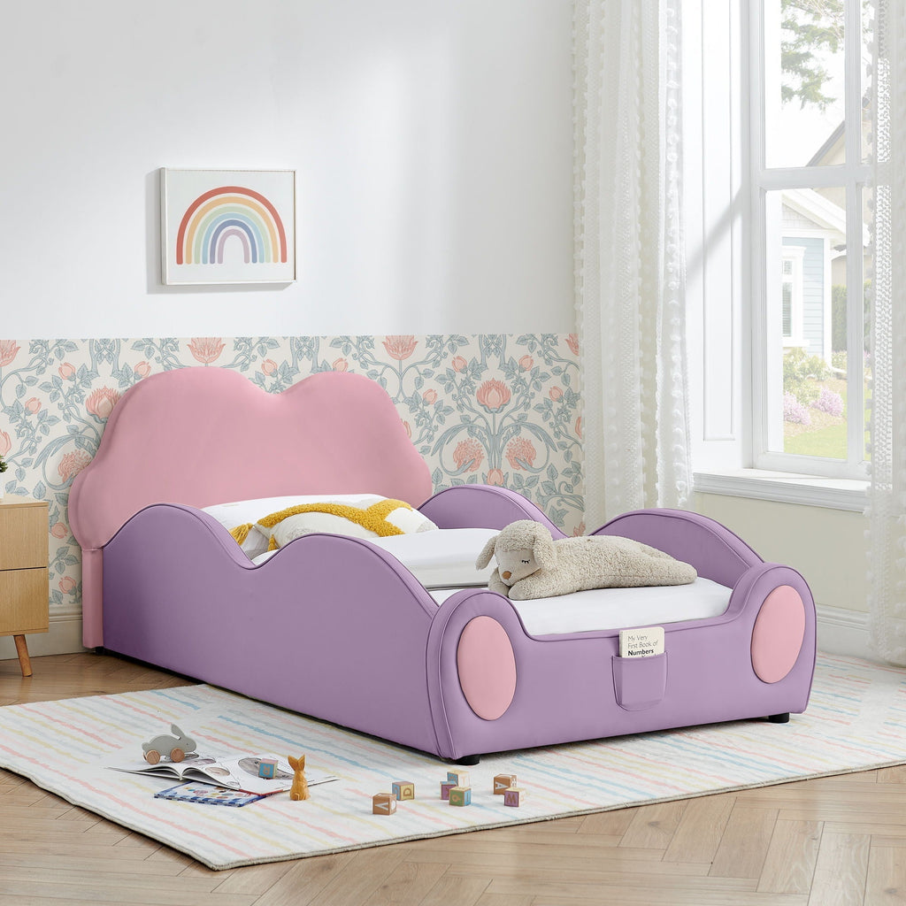 Cute Cloud Shape Bed With Guardrails Cartoon Design, Storage Pocket