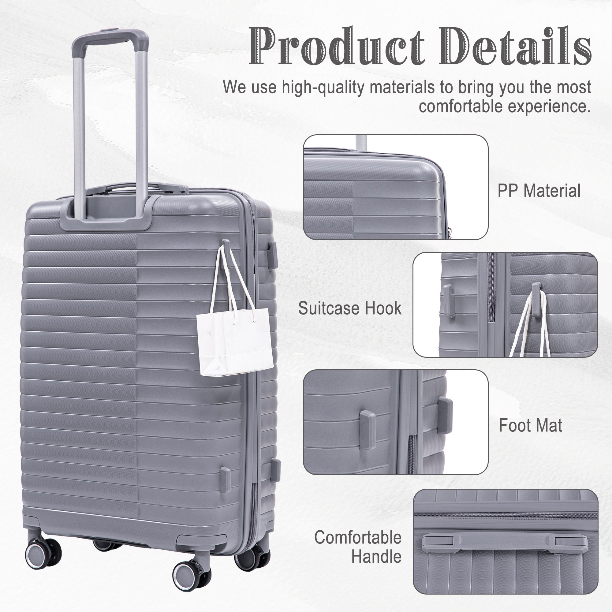 4-Piece PP Spinner Wheel Luggage Set with Cosmetic Case, Light Gray