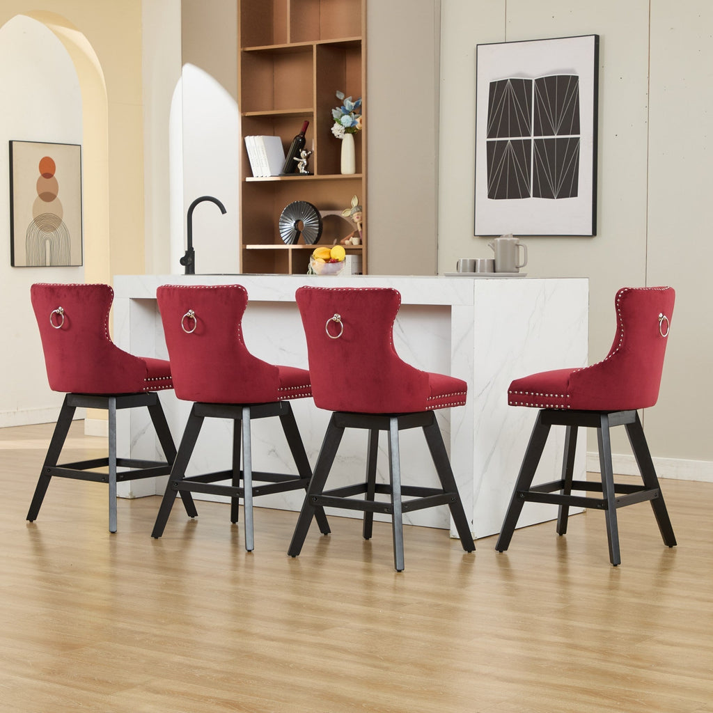 Swivel Velvet Barstools with Button Tufted Decoration - Set of 2 (Wine Red)