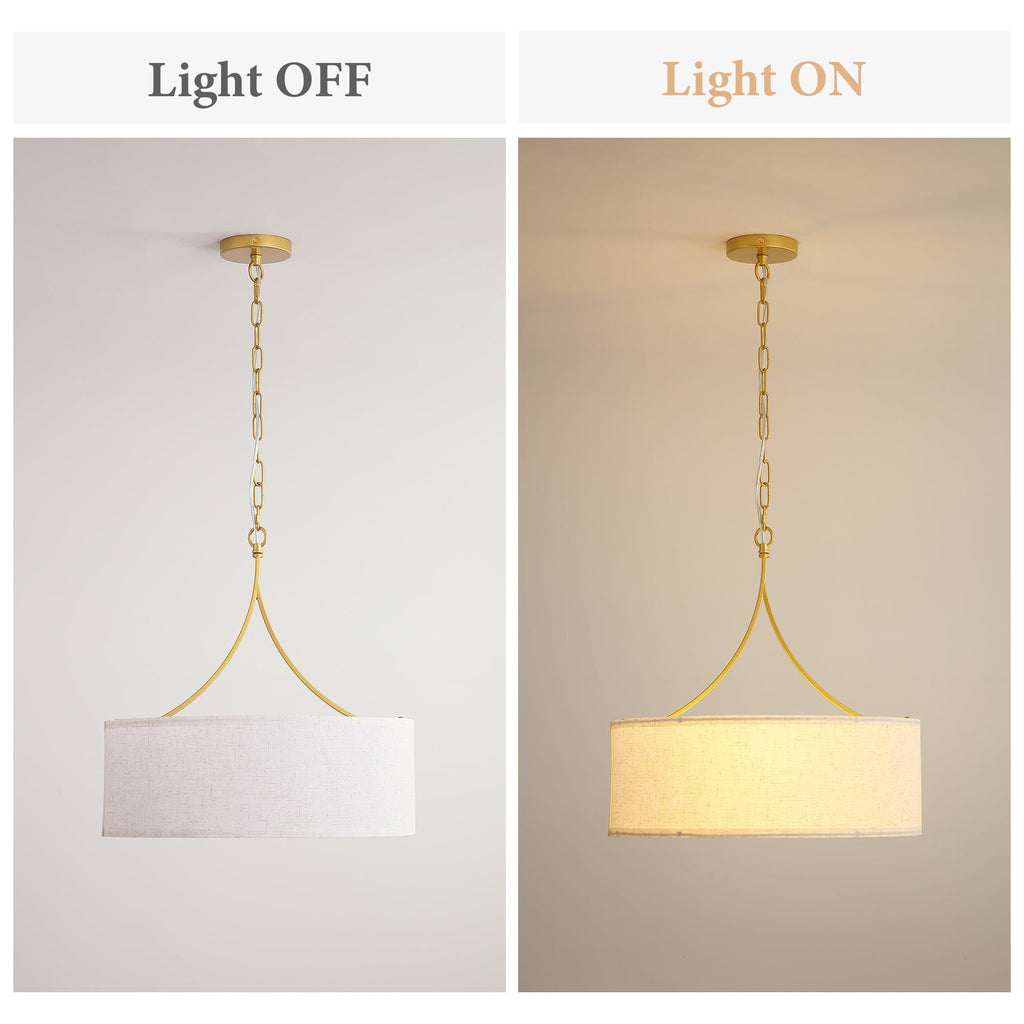 3-Light Gold Fabric Drum Pendant Light