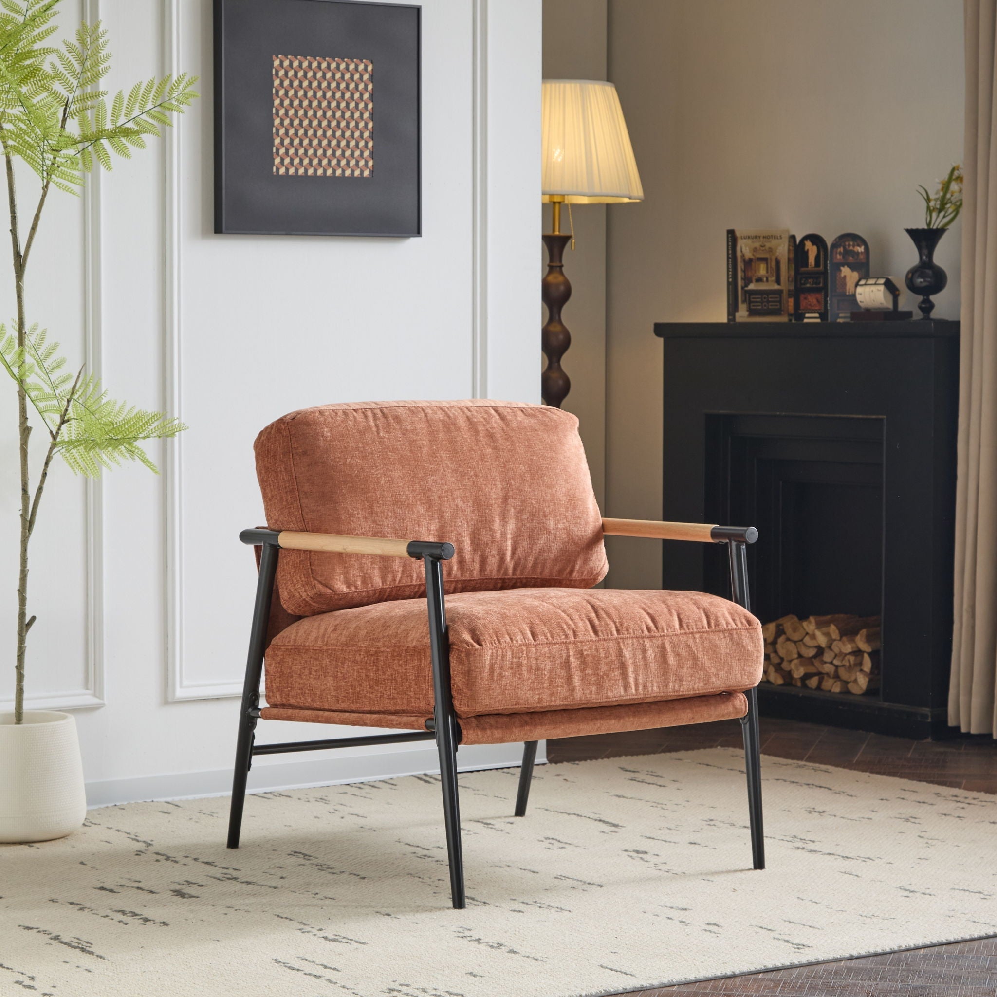 Modern Accent Chair With Plush Cushions and Wooden Armrests