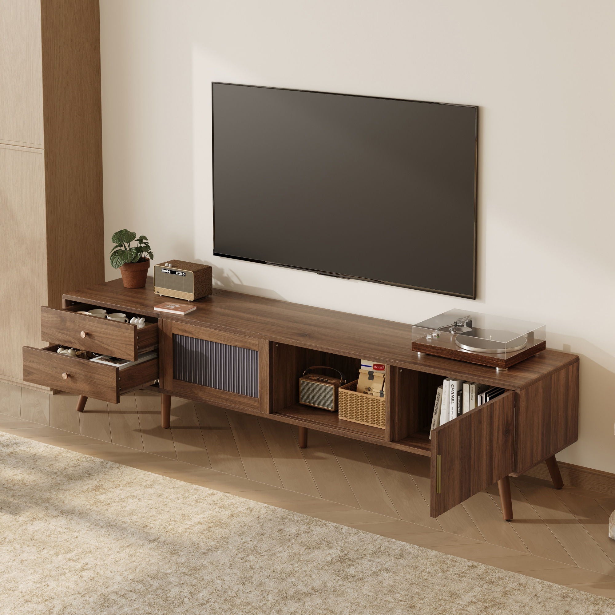 76" TV Stand, Entertainment Center With Storage Cabinets