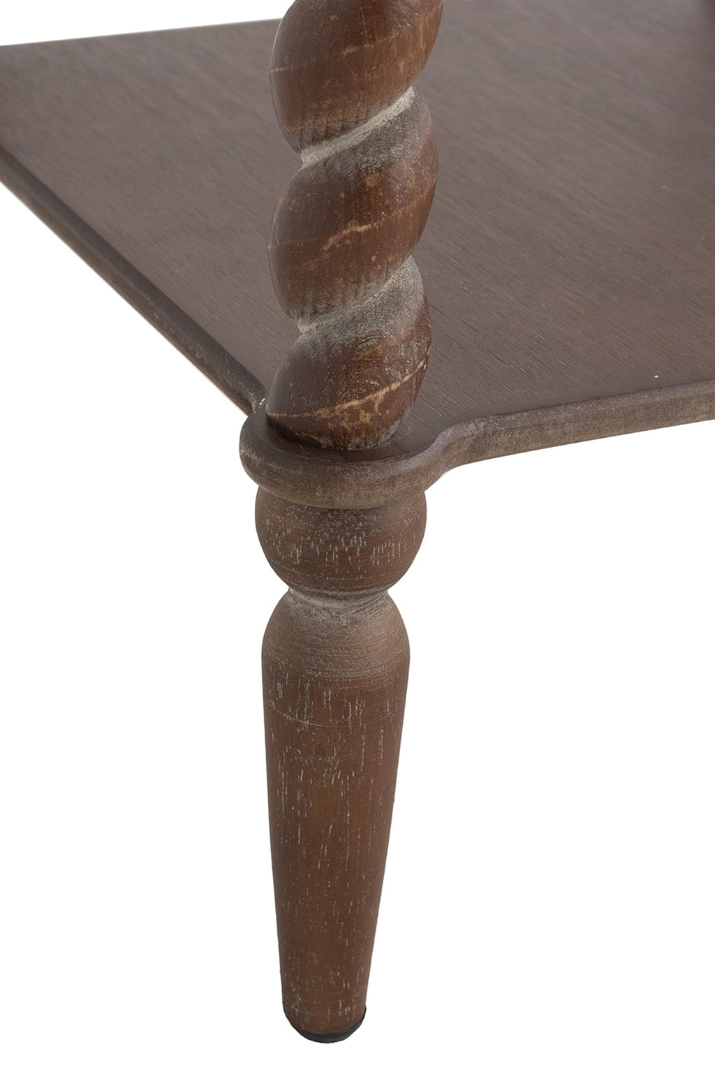 15.5x15.5x23.5' Distressed Brown Wood Side Table with Turned Spiral Legs and Lower Shelf