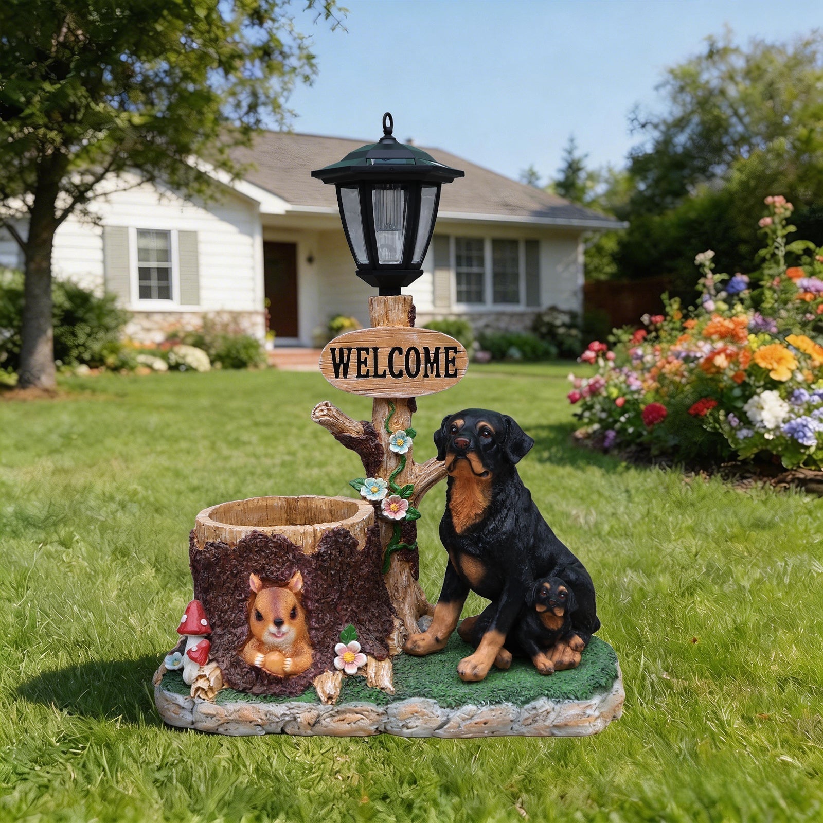 Rottweiler Dog Family Planter Statue