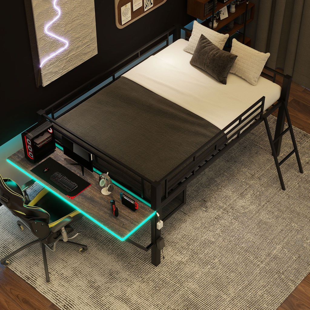 Gaming - Full Size Loft Bed With Desk, LED - Black