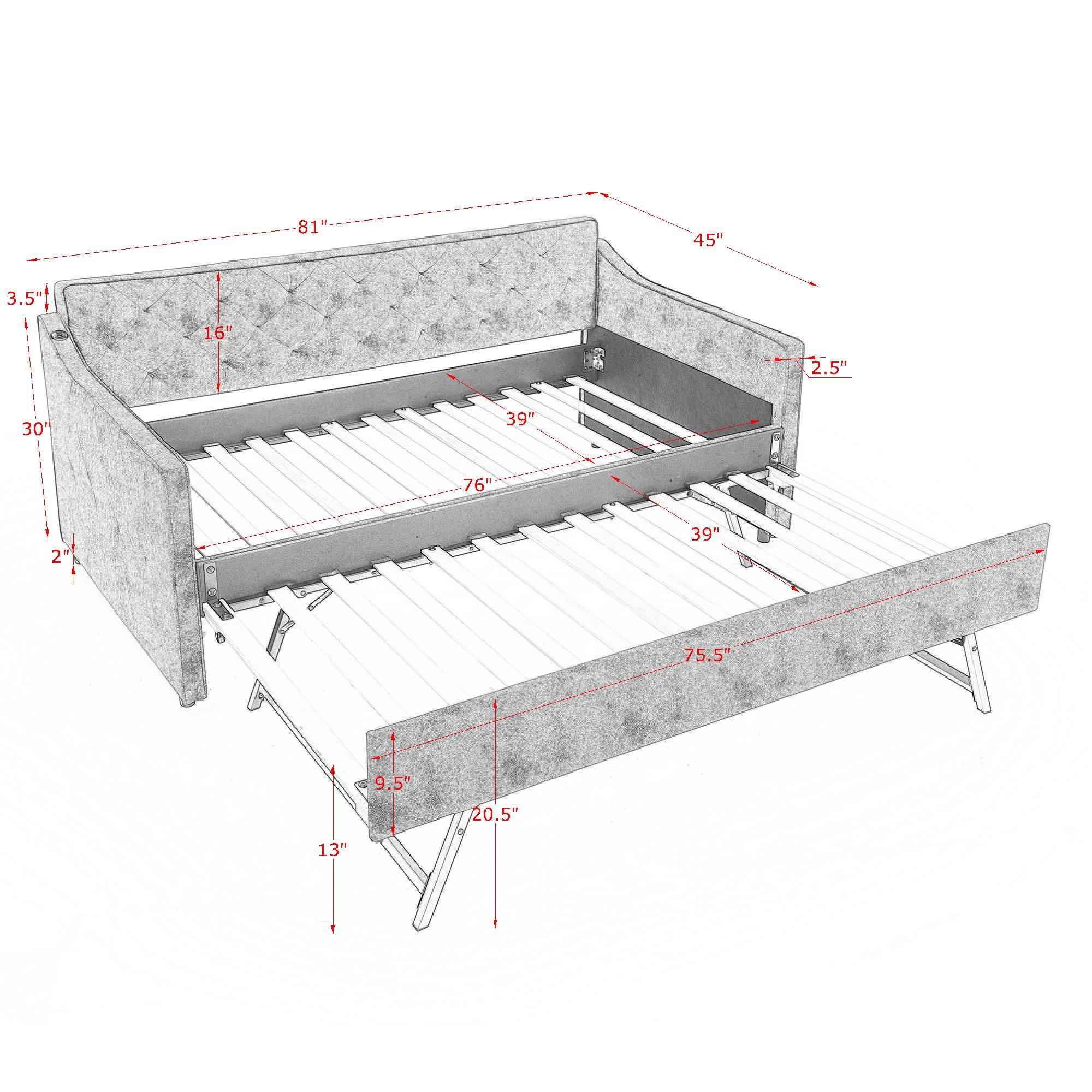 Daybed With Pop Up Trundle And USB Charging Armrest