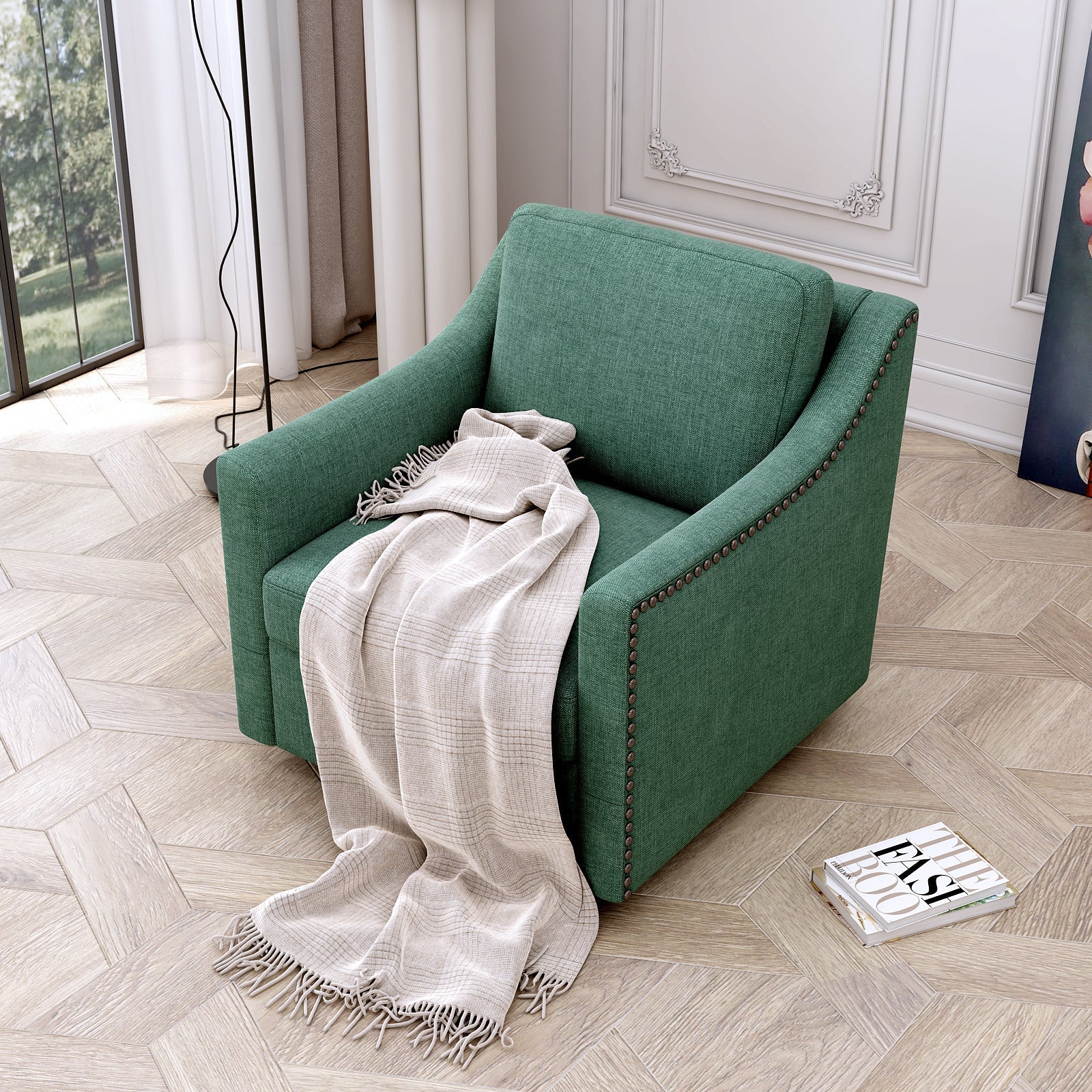 360 Degree Swivel Armchair Cotton Linen Fabric with Brass Nail Detailing