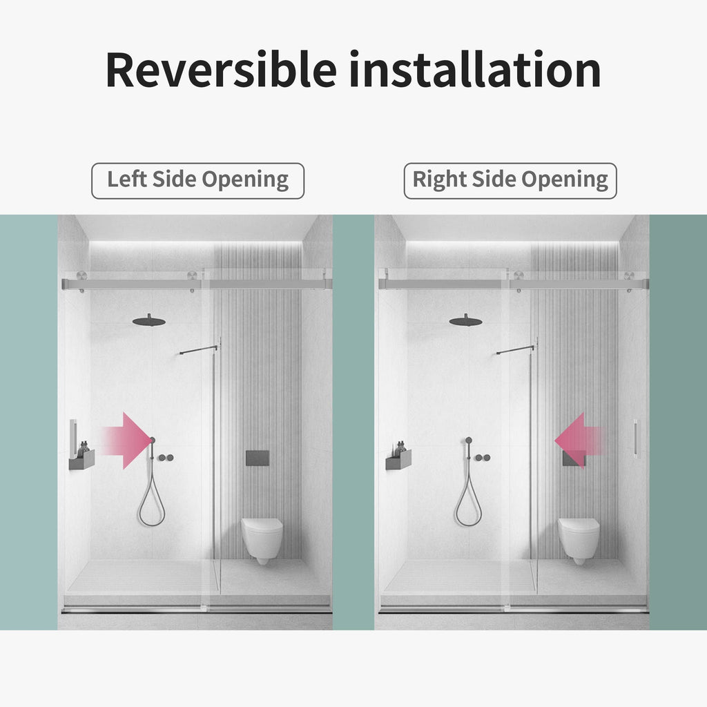 Frameless Single Sliding Soft Close Shower Doors, 3 / 8" Tempered Glass Reversible Installatio