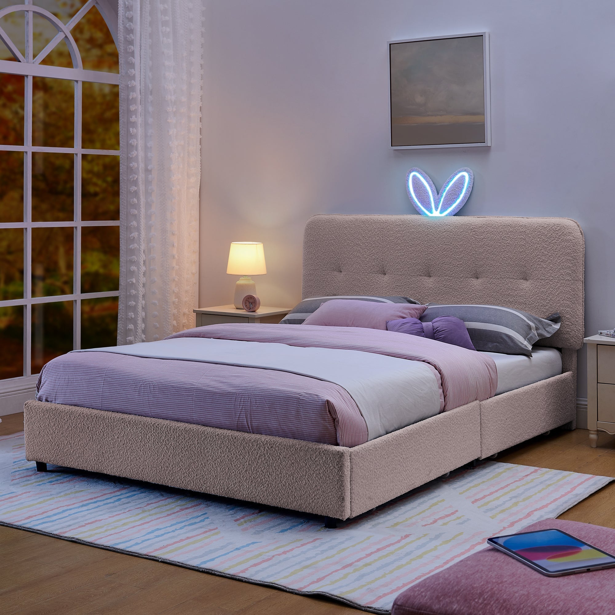 Queen Size Kids Upholstered Bed with Rabbit Ear Headboard & Storage