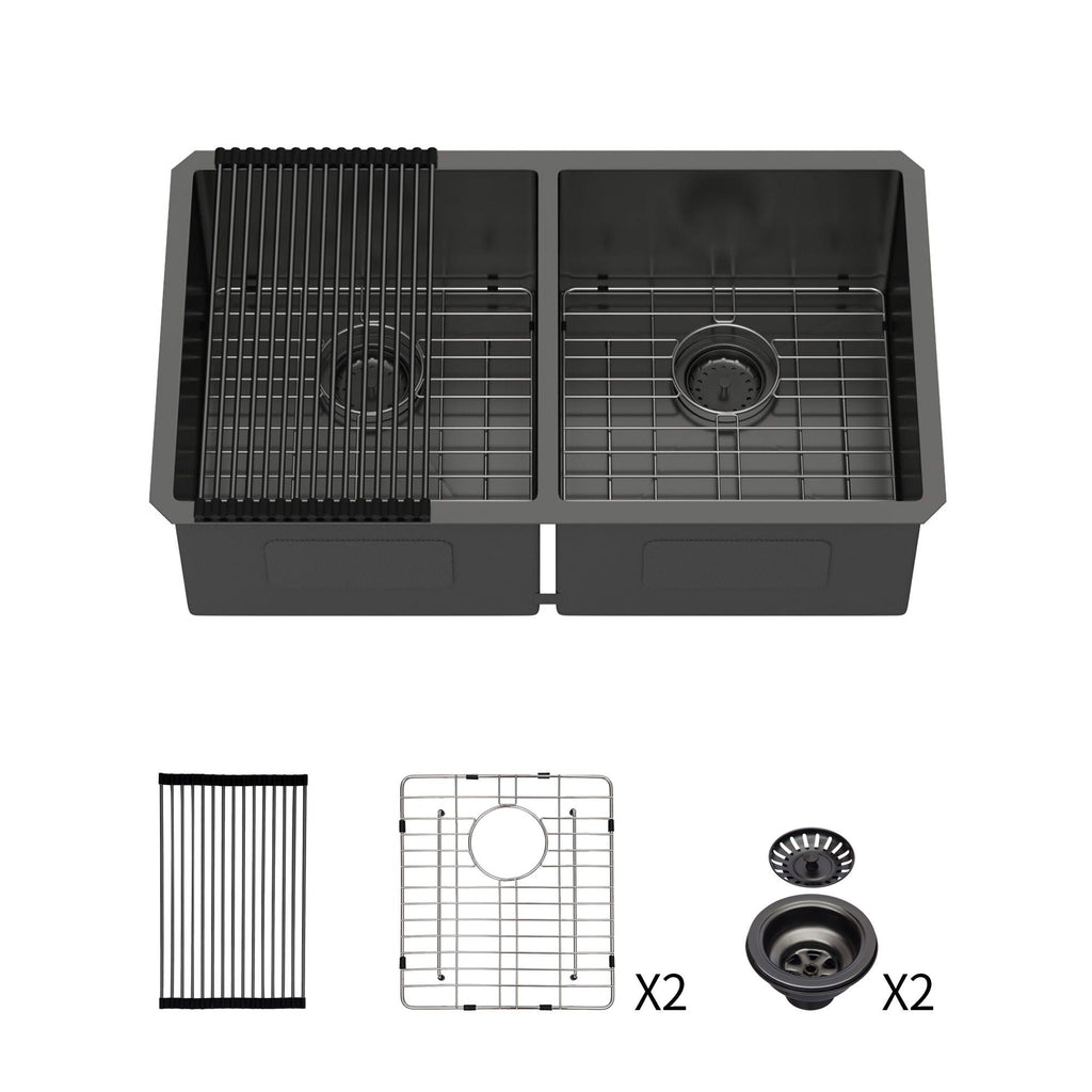 Double Bowl Undermount Kitchen Sink 16 Gauge 33" x 19" with Dual 10" Deep Basins - Gunmetal Black