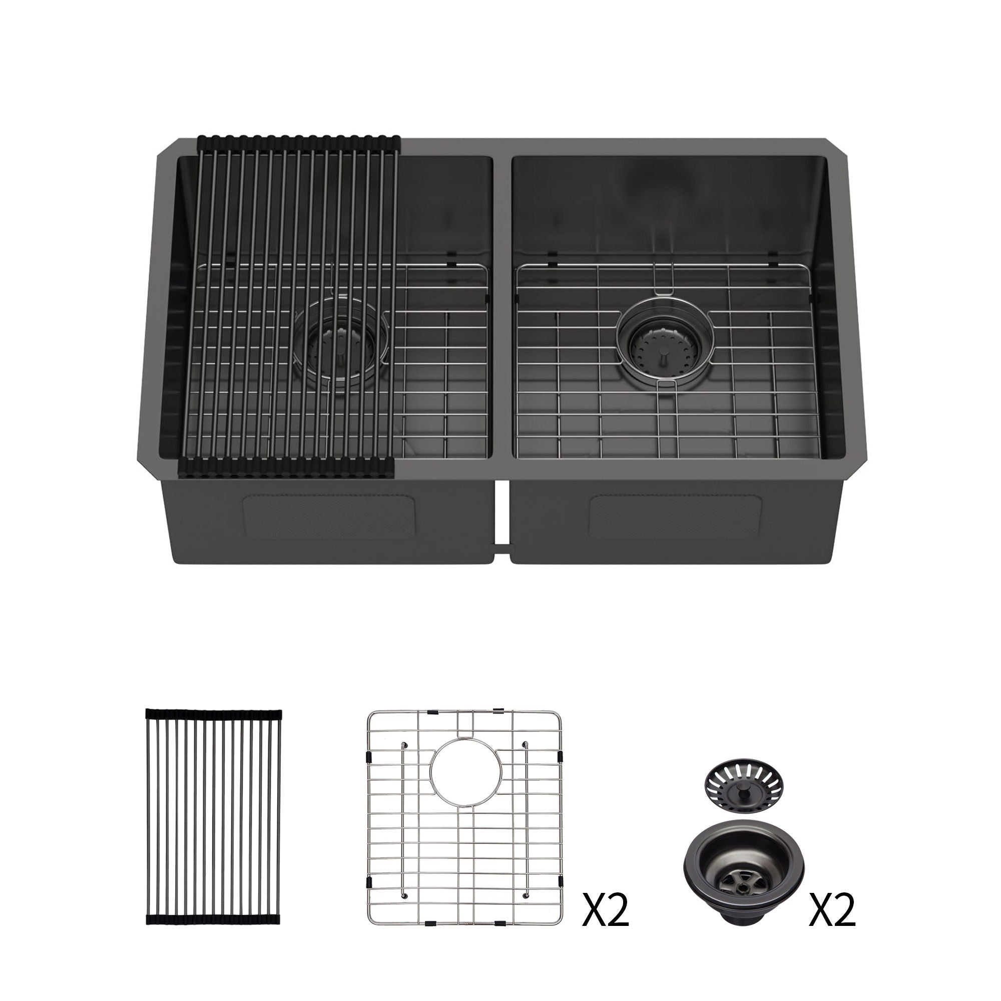 Double Bowl Undermount Kitchen Sink 16 Gauge 33" x 19" with Dual 10" Deep Basins - Gunmetal Black