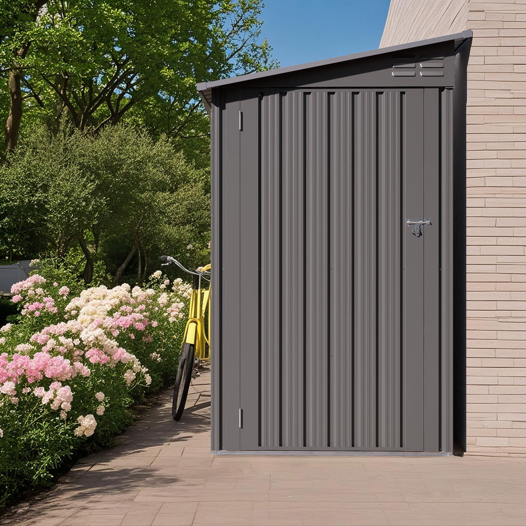 Lean To Shed With Windows, Tool House With Sloping Roof With 2 Vents And 1 Side Open Door For Backyard - Gray