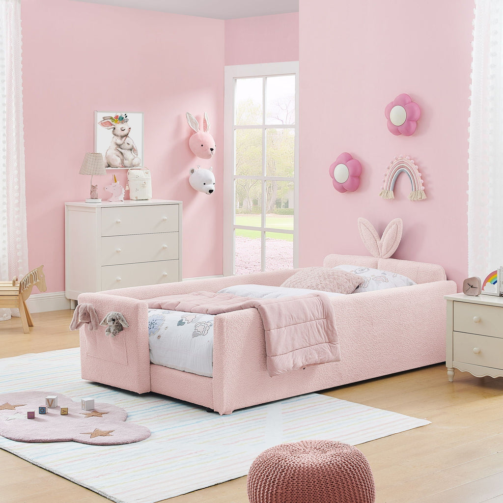 Cute Rabbit Ear Upholstered Platform Bed Frame With Safety Rail
