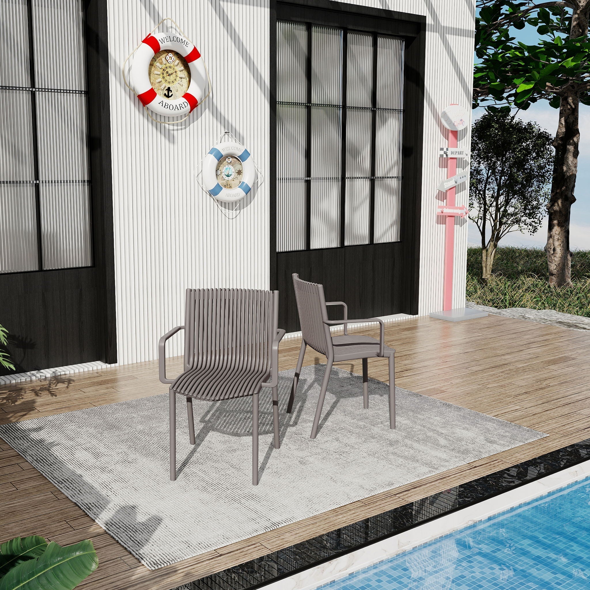 4 Piece Stackable Single Chairs With Vertical Stripe Design For All Weather
