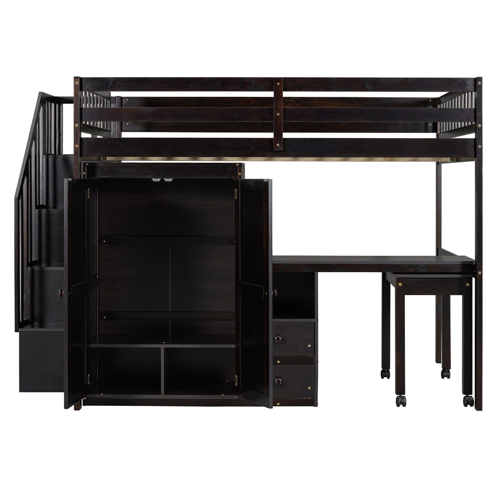 Loft Bed With Stairs, Bookshelf, Drawers, Desk & Wardrobe, Space Saving Multifunctional Furniture