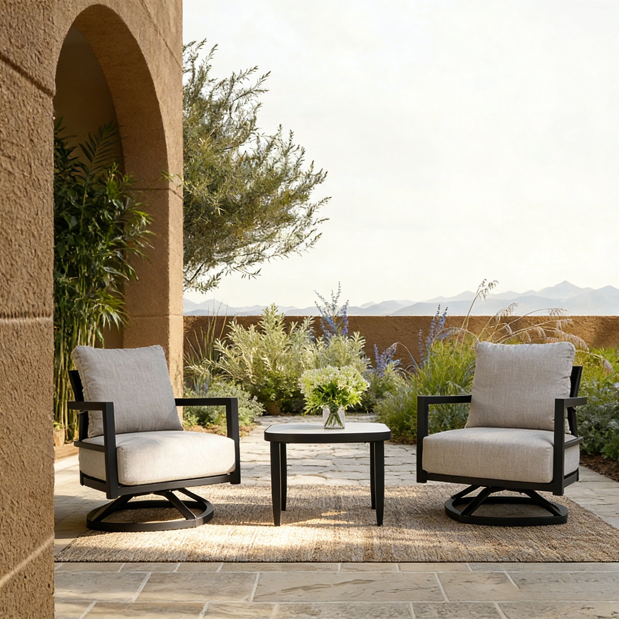 Outdoor Patio Furniture Chat Set with Sunbrella Cushions and Side Table