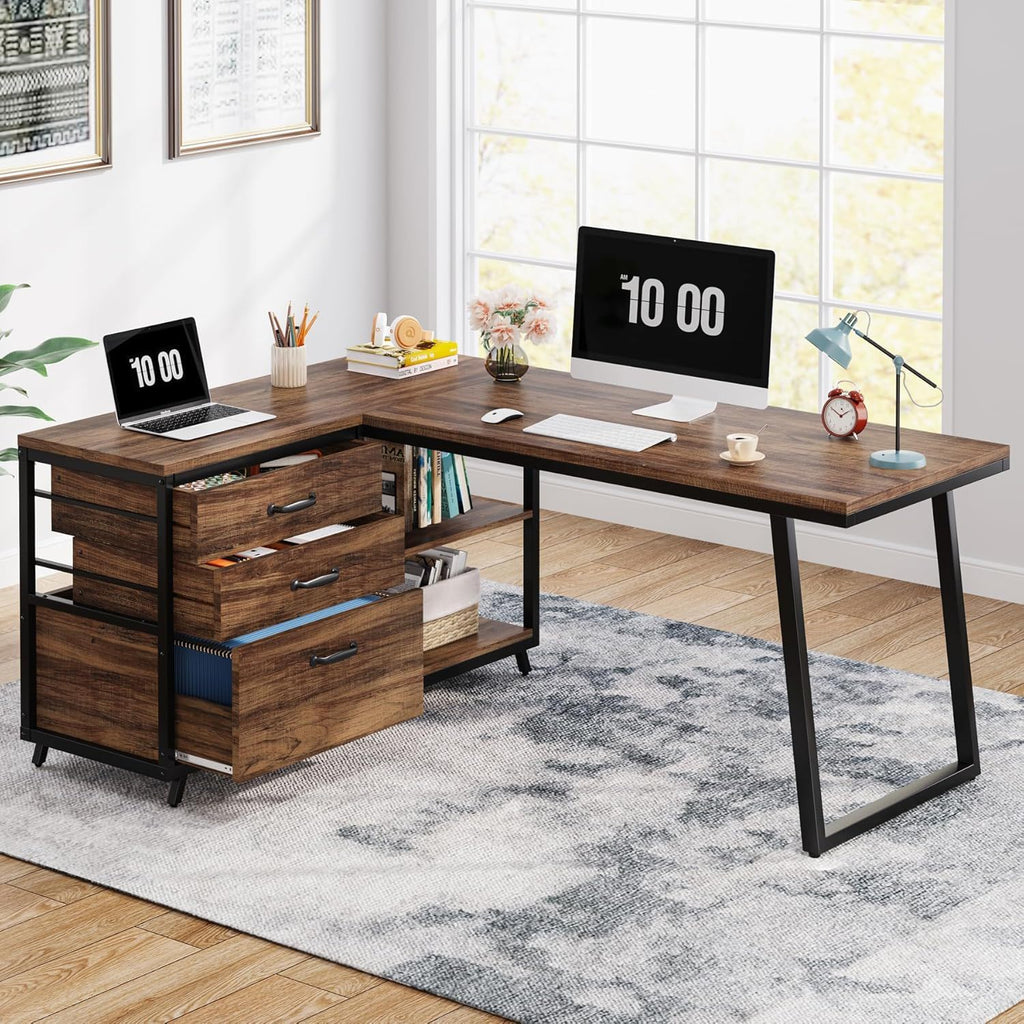 L-Shaped Computer Desk With 3 Drawers and Storage Shelves