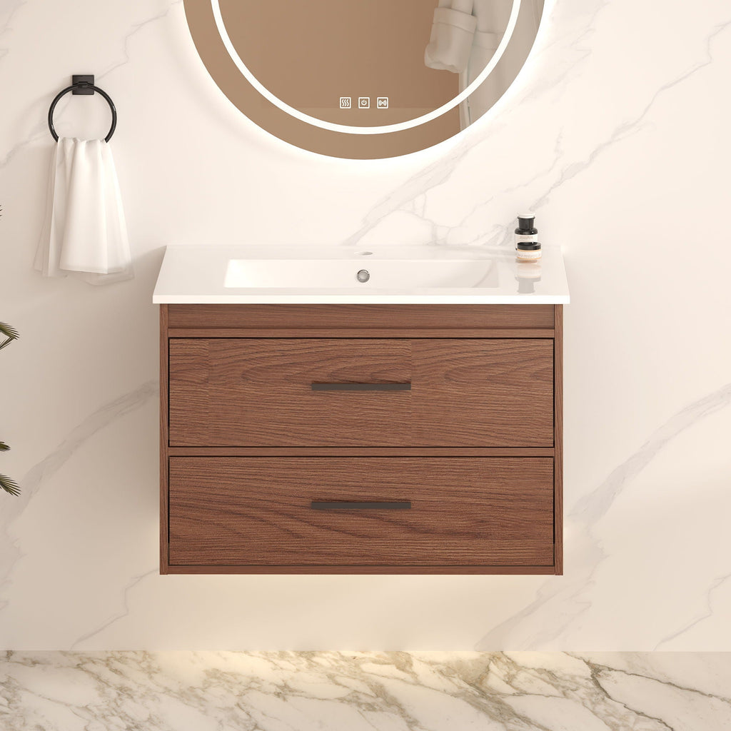 Wall Mounting Bathroom Vanity With Soft Close 2 Drawer, Sink - Reddish Brown