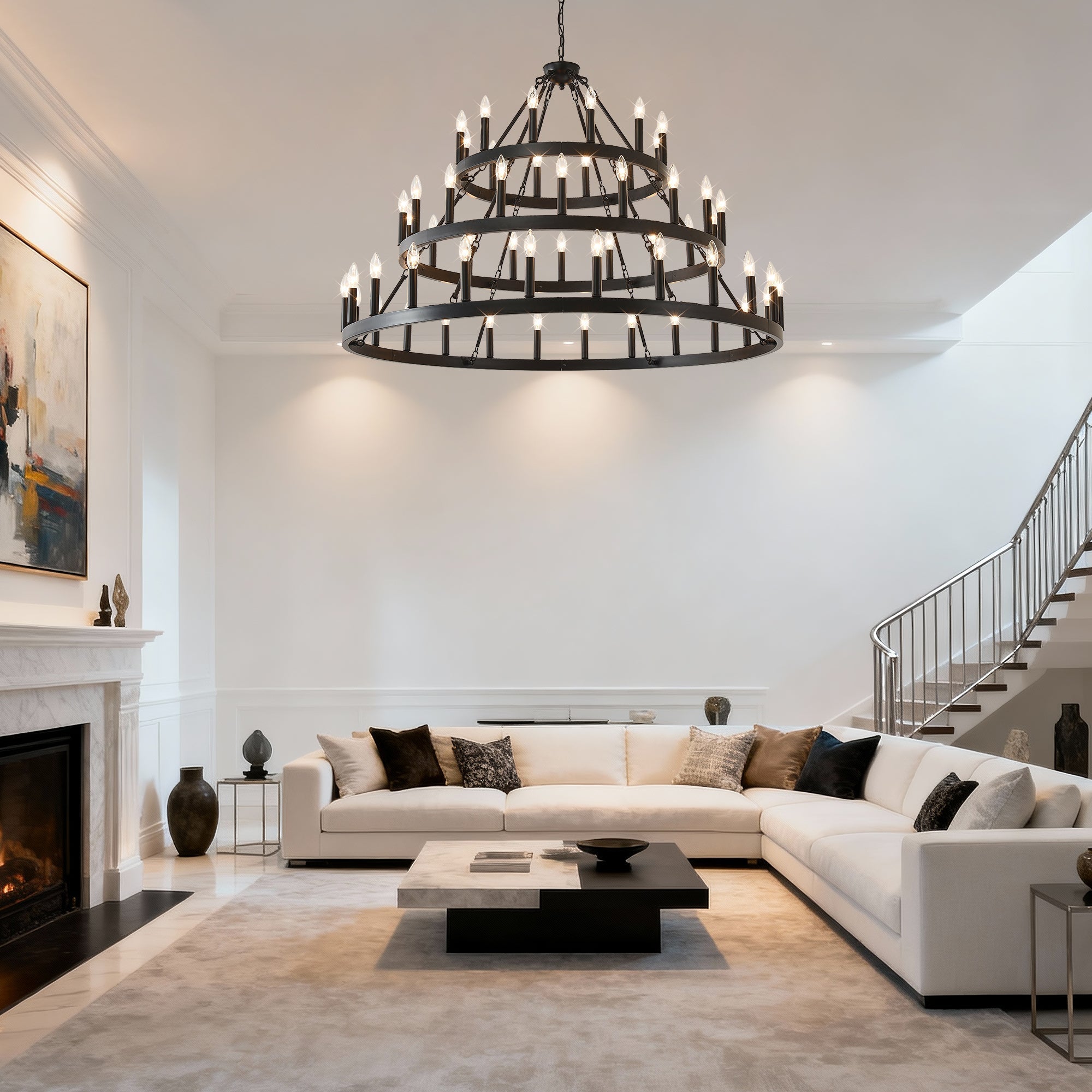 3 Tiers Wagon Wheel Chandelier - 54-Light Matte Black Metal