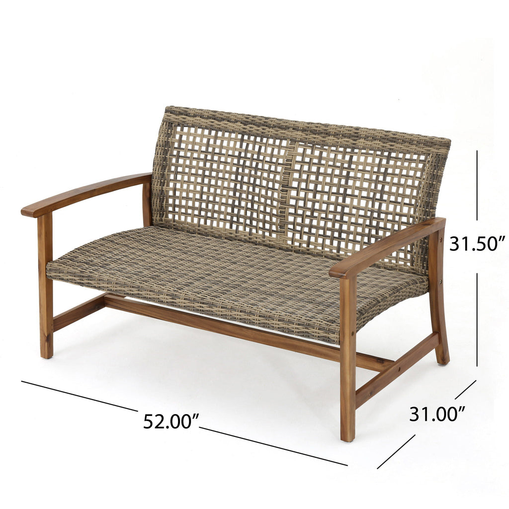 Outdoor Rattan Loveseat with Wooden Legs - Brown