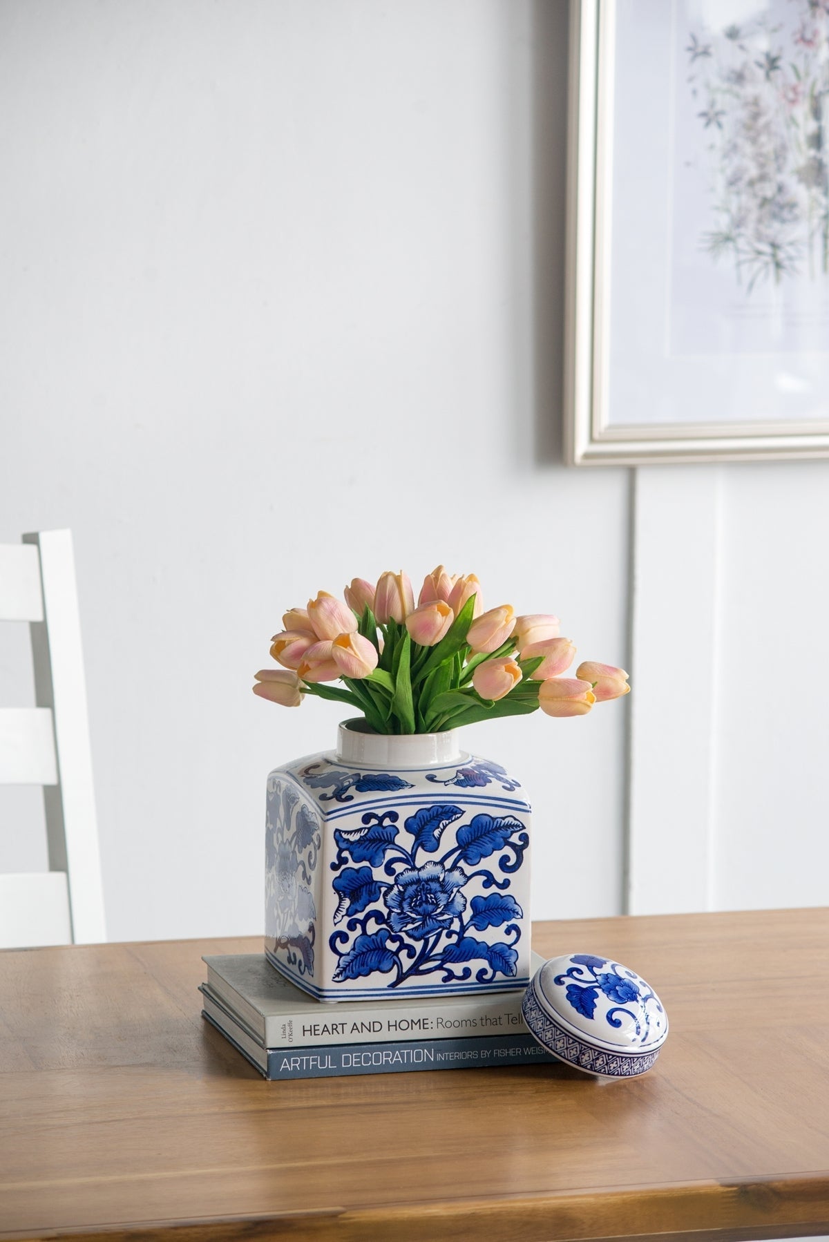 5x5x8' Hand Painted Square Canister with Blue and White Floral Pattern