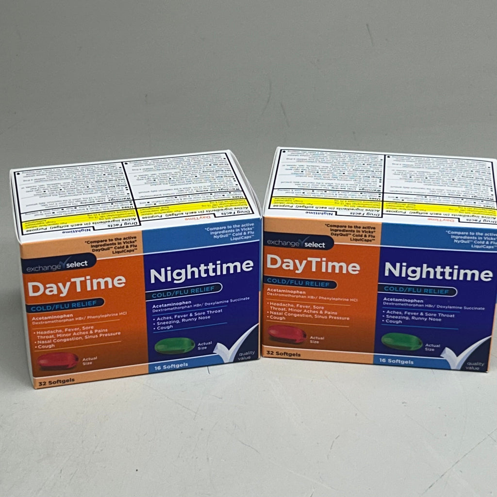 EXCHANGE SELECT (2 Pack, 32 Day Caps, 16 Night Caps) Day/Night Time Cold/Flu Relief Soft Gel Capsules