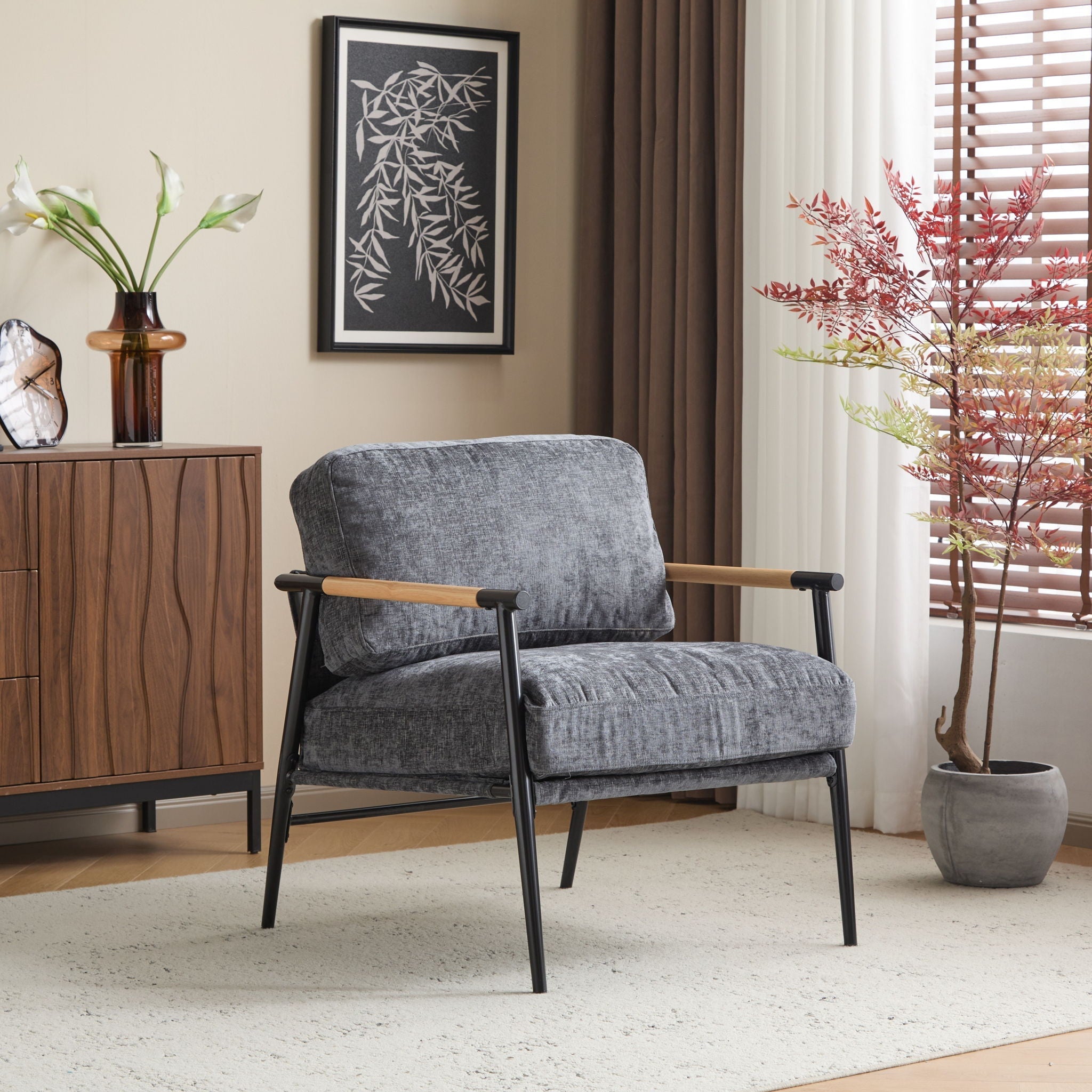 Modern Accent Chair With Plush Cushions and Wooden Armrests