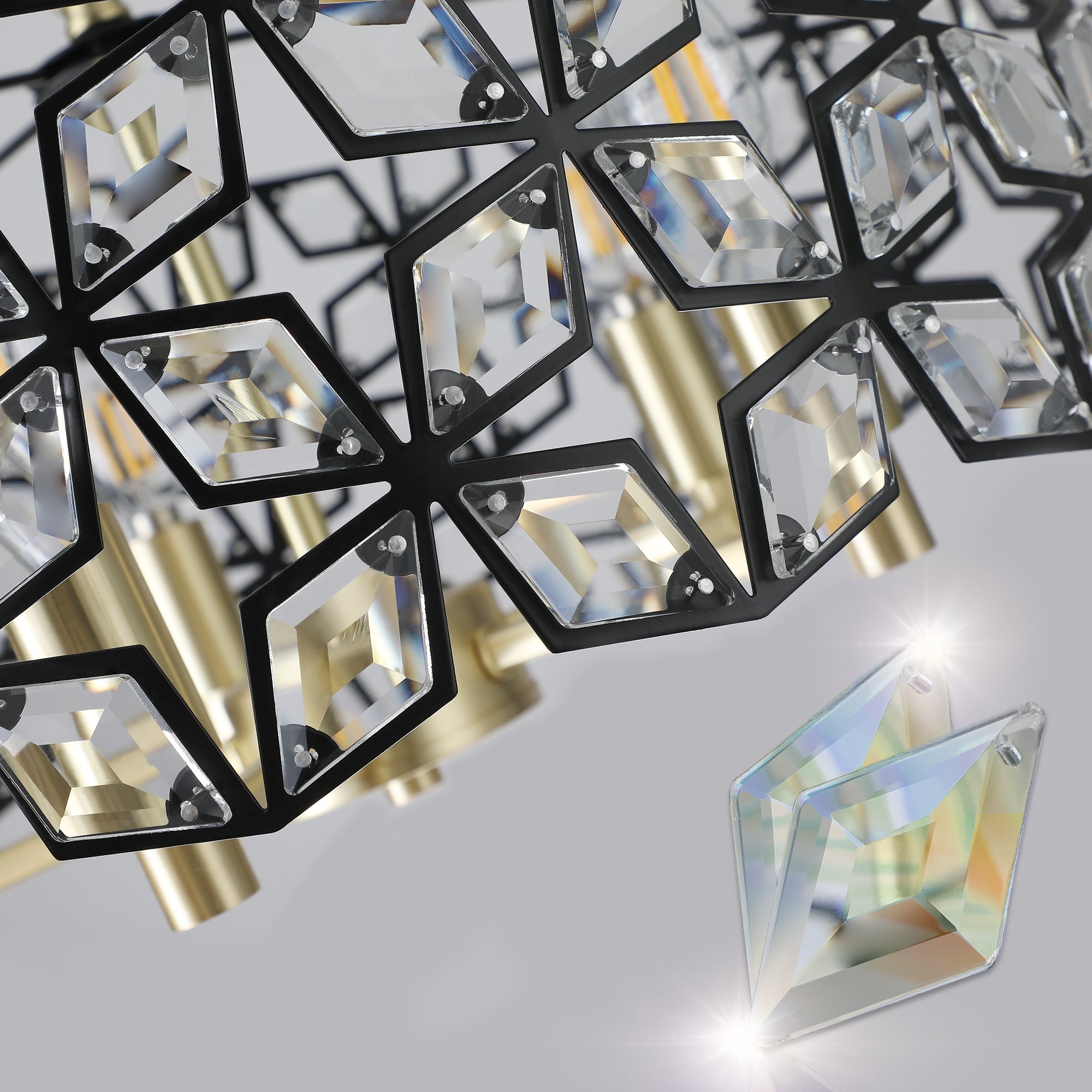 19" Geometric Crystal and Black Gold Round Pendant Chandelier