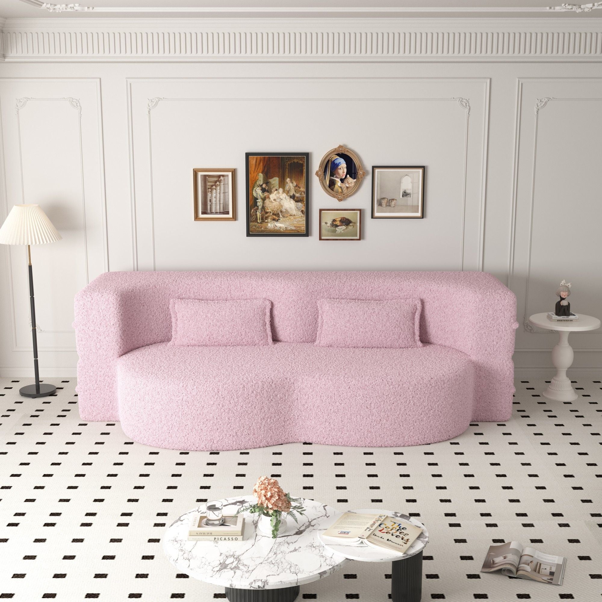Modern Floor Sofa With Two Pillows Convertible Teddy Fabric Foam Filled Bed