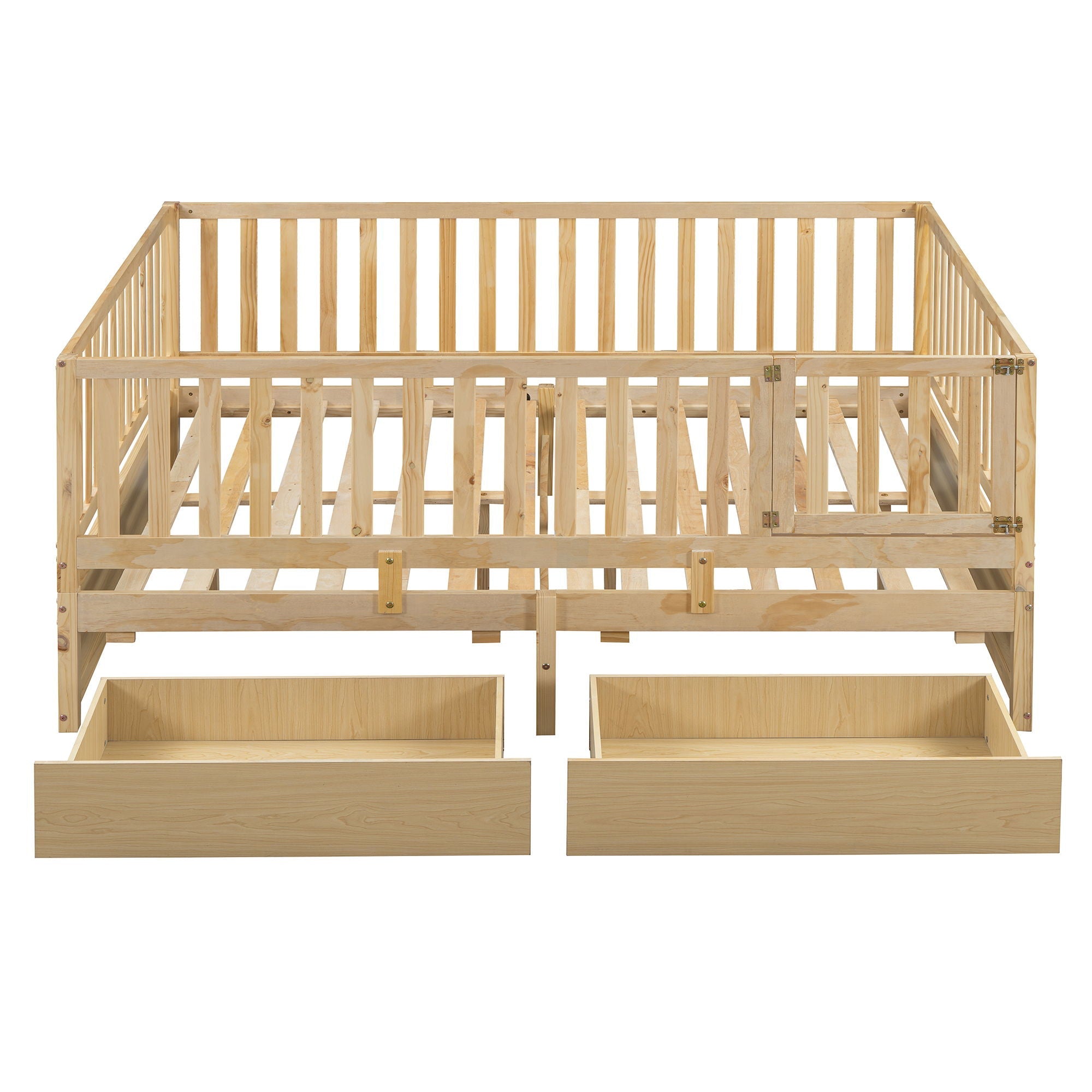 Daybed With Fence Guardrails And 2 Drawers, Split Into Independent Floor Bed & Daybed