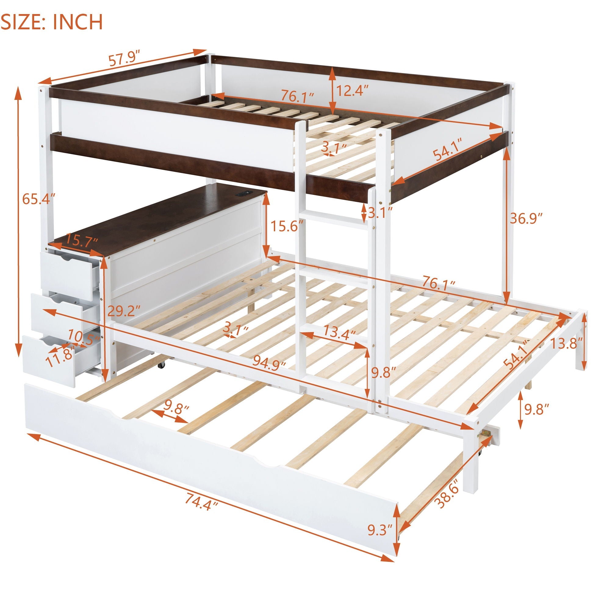Bunk Bed With Twin Size Trundle, Storage And Desk