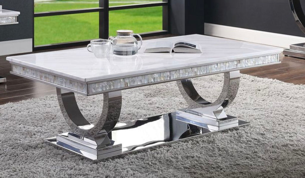 Zander Printed Faux Marble Top Mirrored Coffee Table