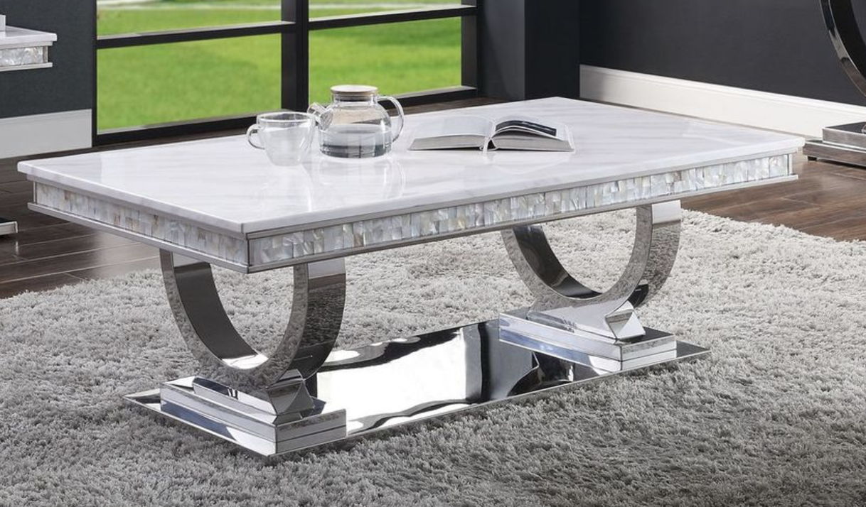 Zander Printed Faux Marble Top Mirrored Coffee Table