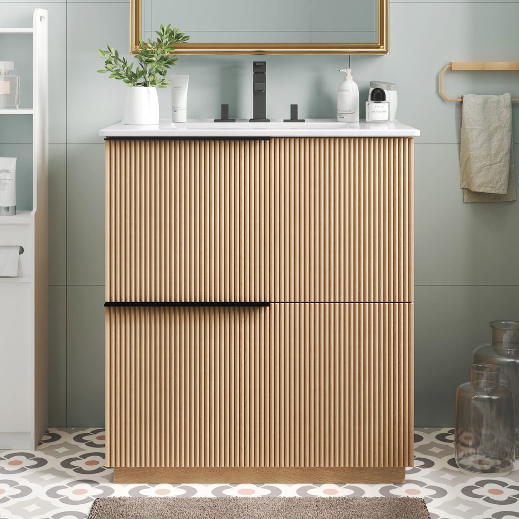 Fluted Bathroom Vanity With Ceramic Sink and Soft-Close Slides