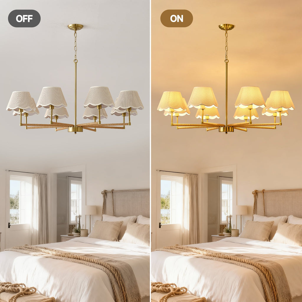 8-Light Rope and Fabric Shade Gold Chandelier