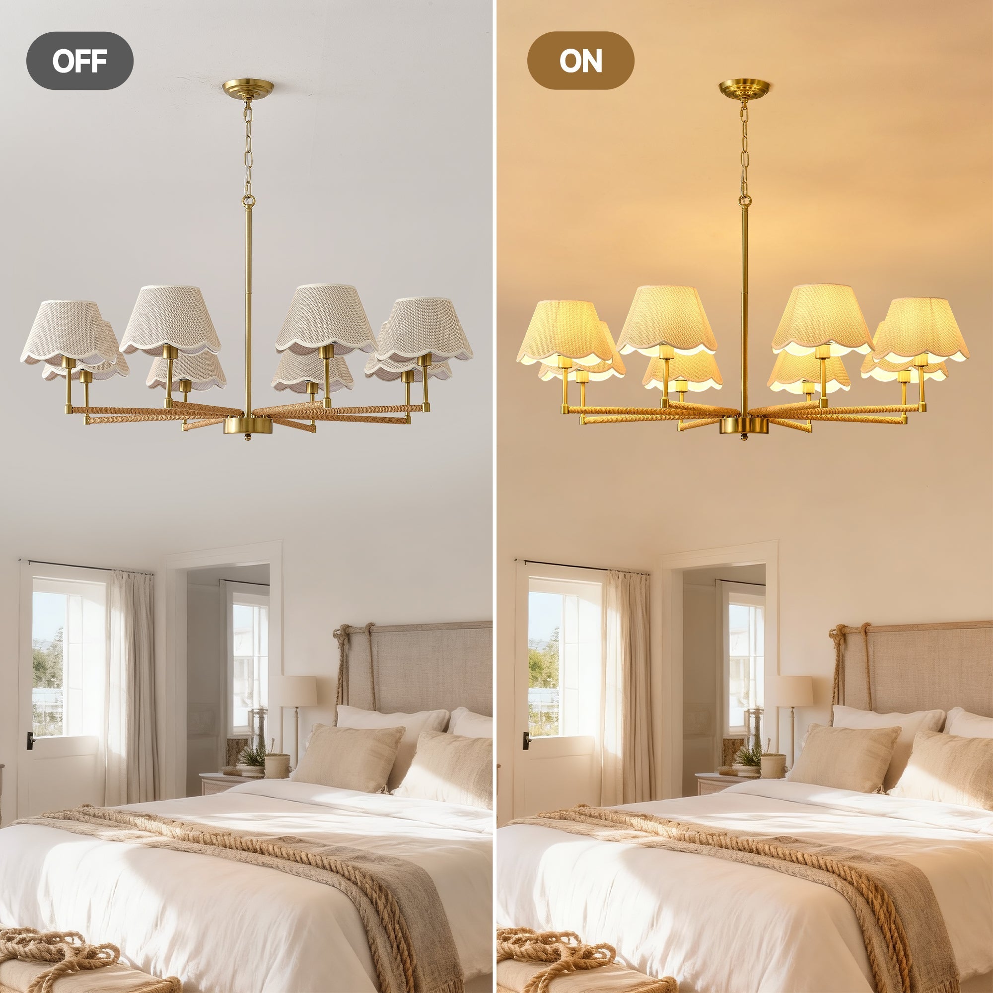 8-Light Rope and Fabric Shade Gold Chandelier