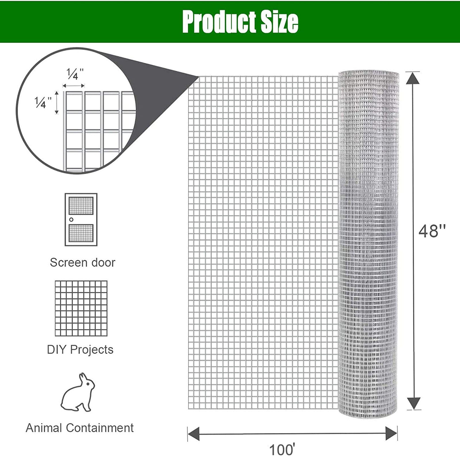 Galvanized Hardware Cloth, Gauge Metal Wire Fencing Roll For Garden And Animal Use - Silver
