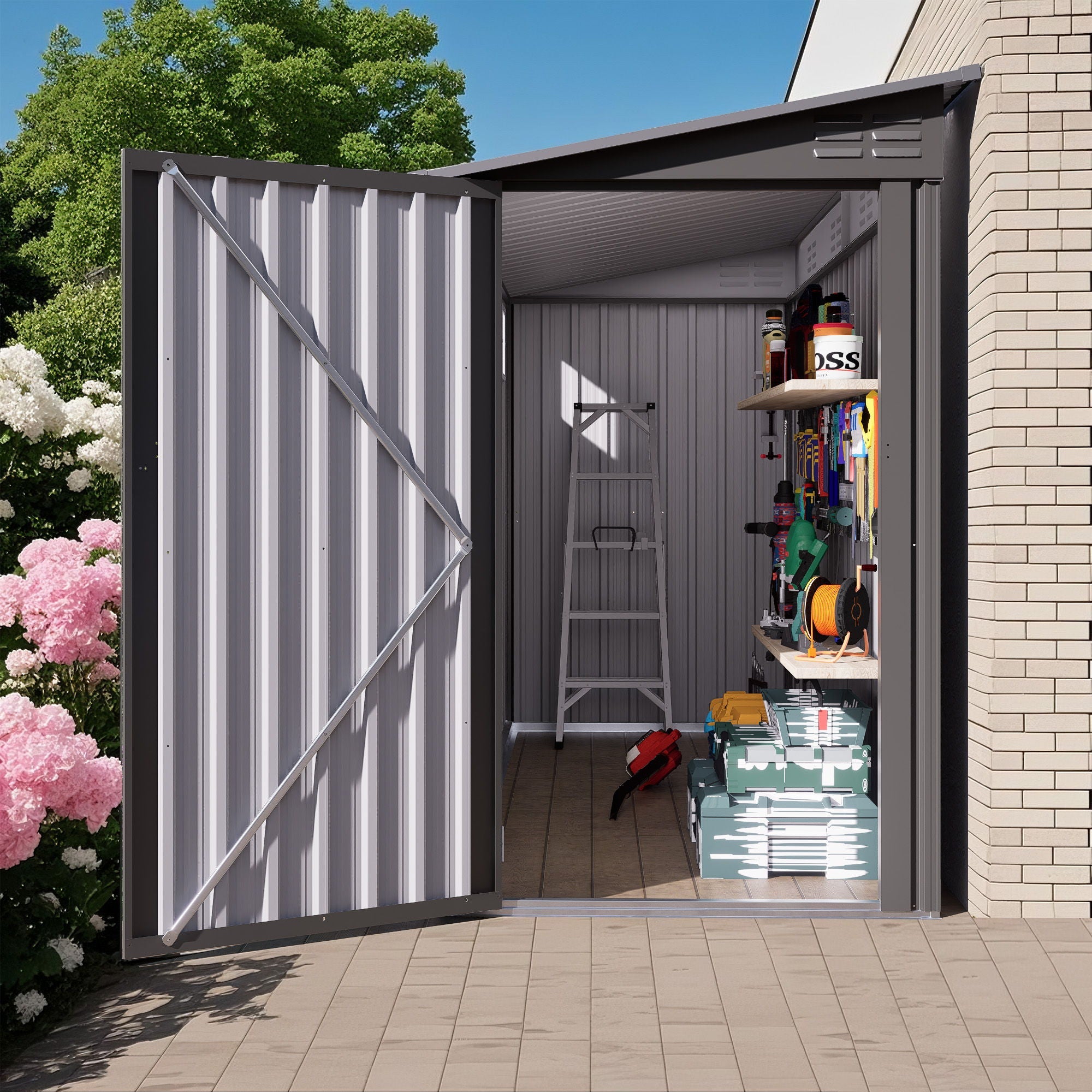 Lean To Shed With Windows, Tool House With Sloping Roof With 2 Vents And 1 Side Open Door For Backyard - Gray