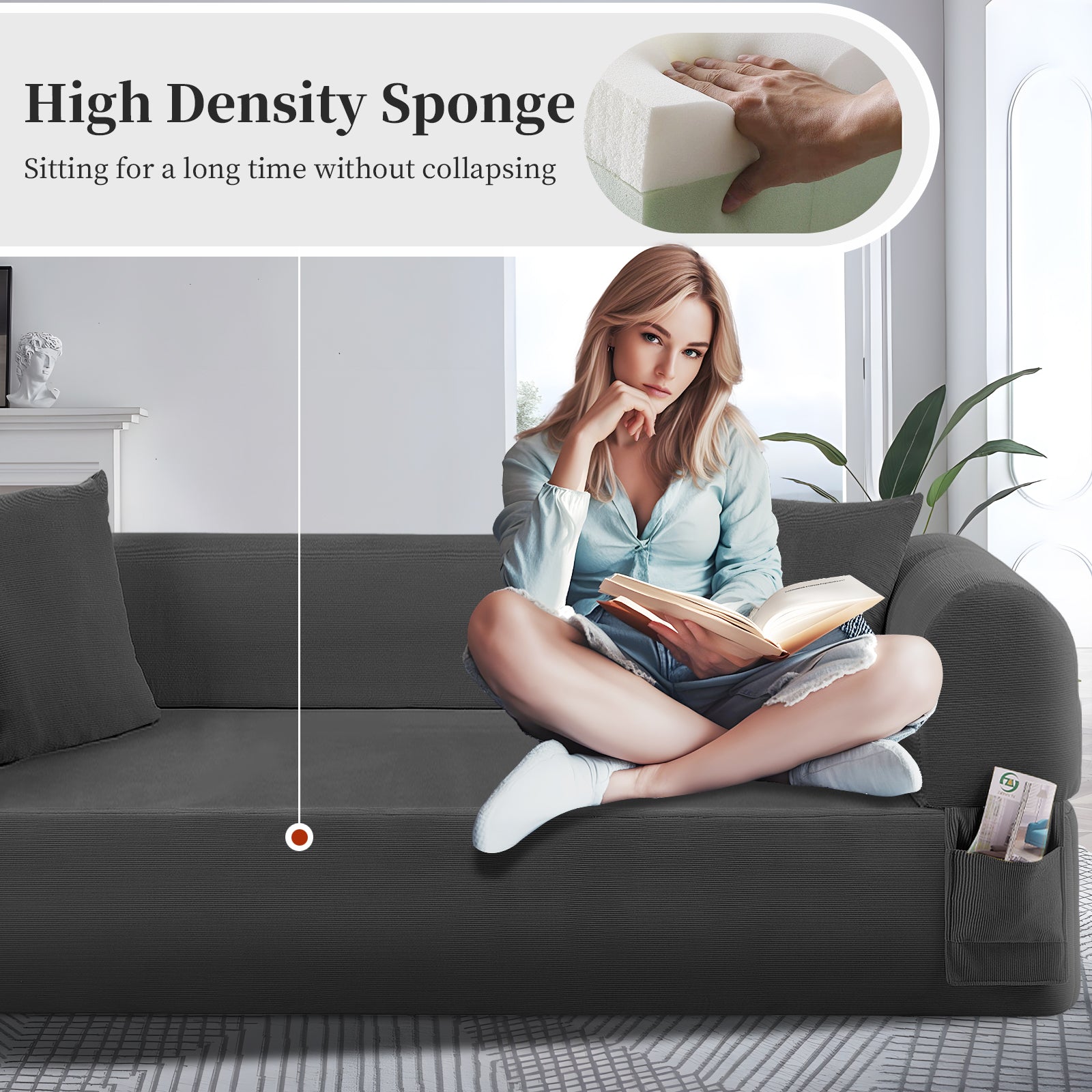 Spring Sofa with High-Quality Fabric, Pillows & Storage - Gray
