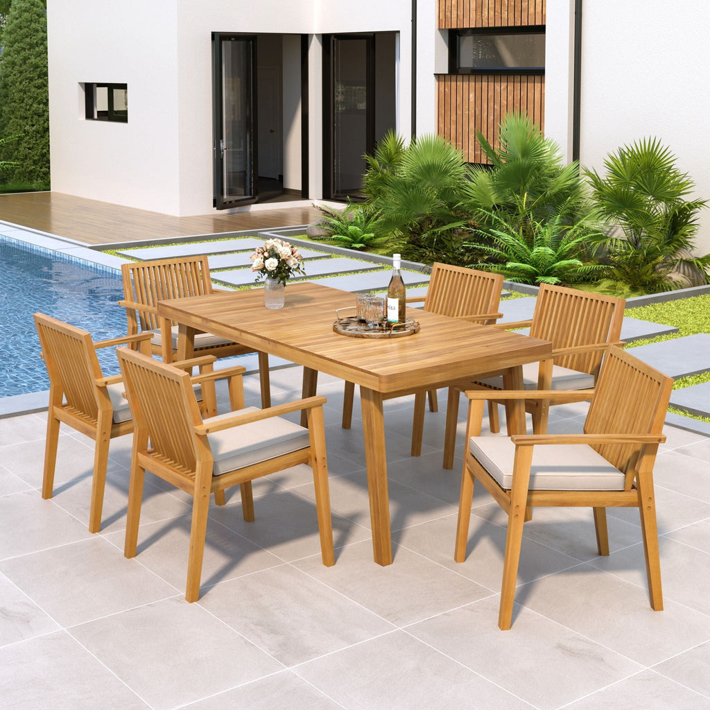 7 Piece Patio Furniture Set Acacia Wood Table And 6 Cushioned Chairs