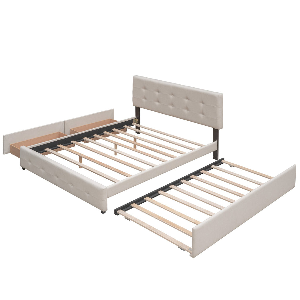 Upholstered Platform Bed with 2 Drawers and 1 Twin XL Trundle,  Linen Fabric, Queen Size - Dark Beige(OLD SKU :LP100314AAA)