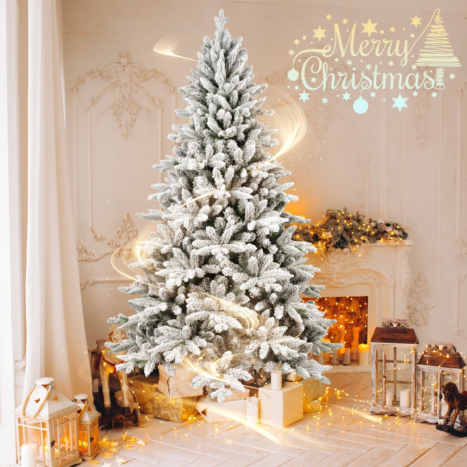 6ft Snow-Flocked Pre-Lit Christmas Tree with 1100 PE+PVC Tips