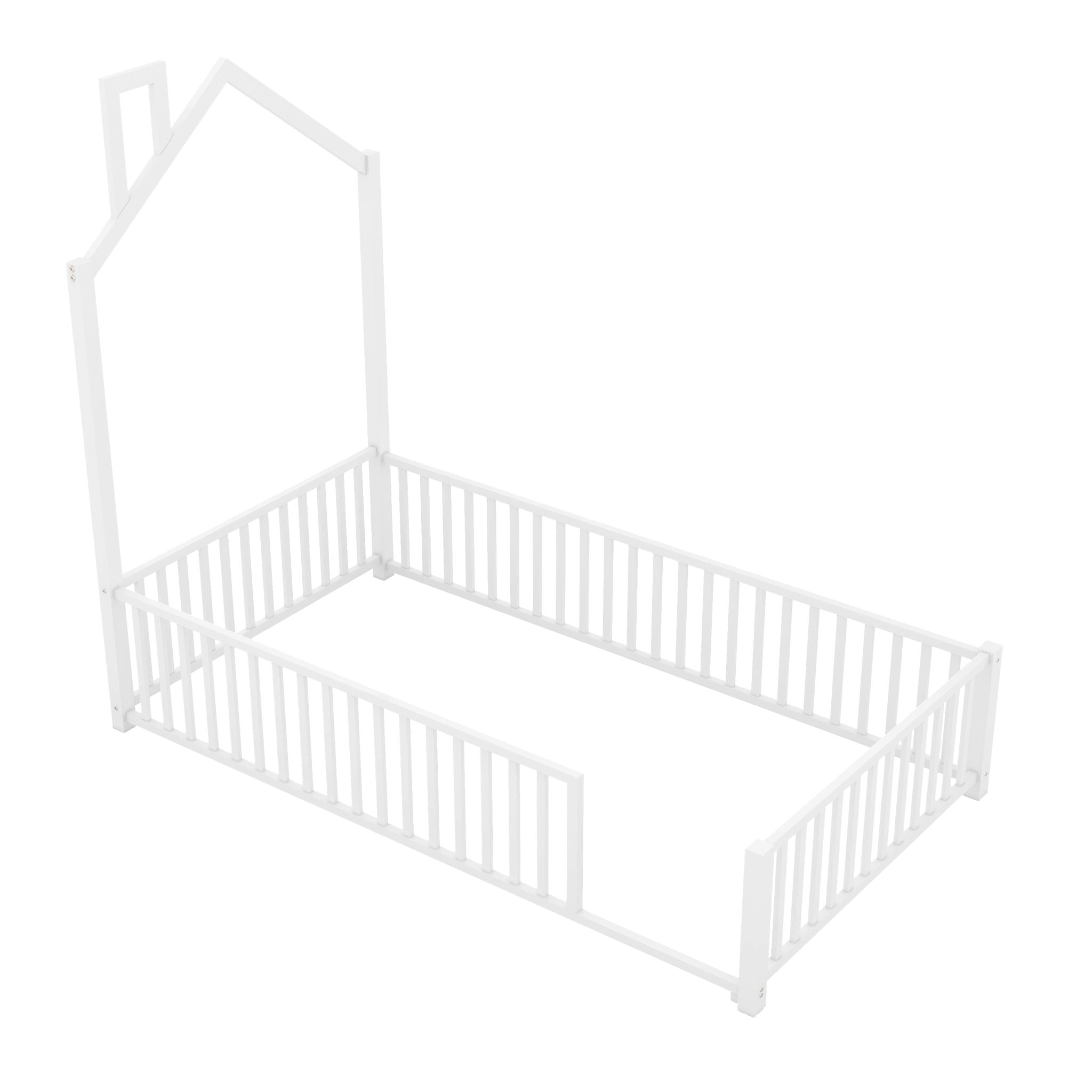 Metal House Platform Bed With Guardrail And Chimney