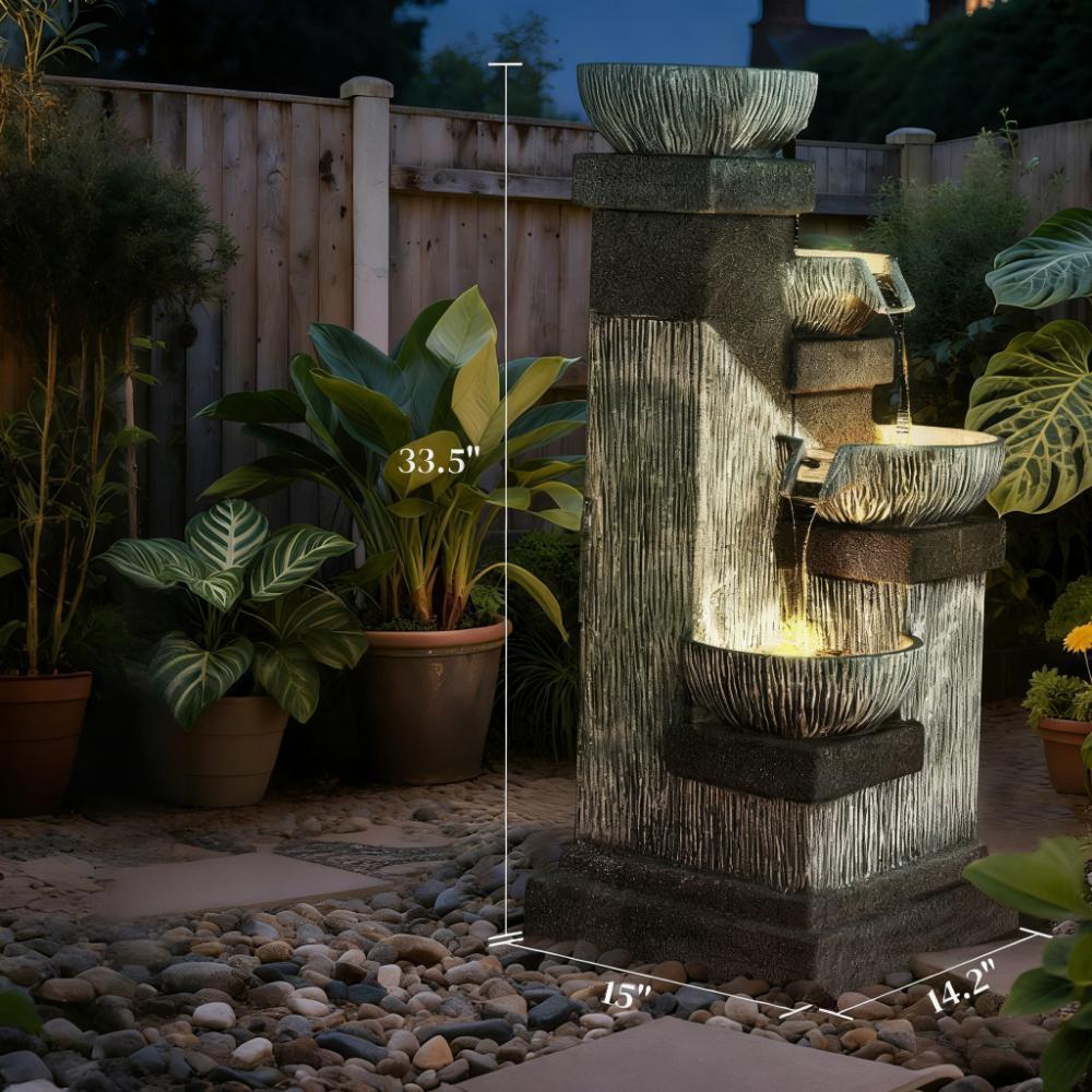 4-Tier Resin Cascading Bowls Outdoor Waterfall Fountain with LED Lights