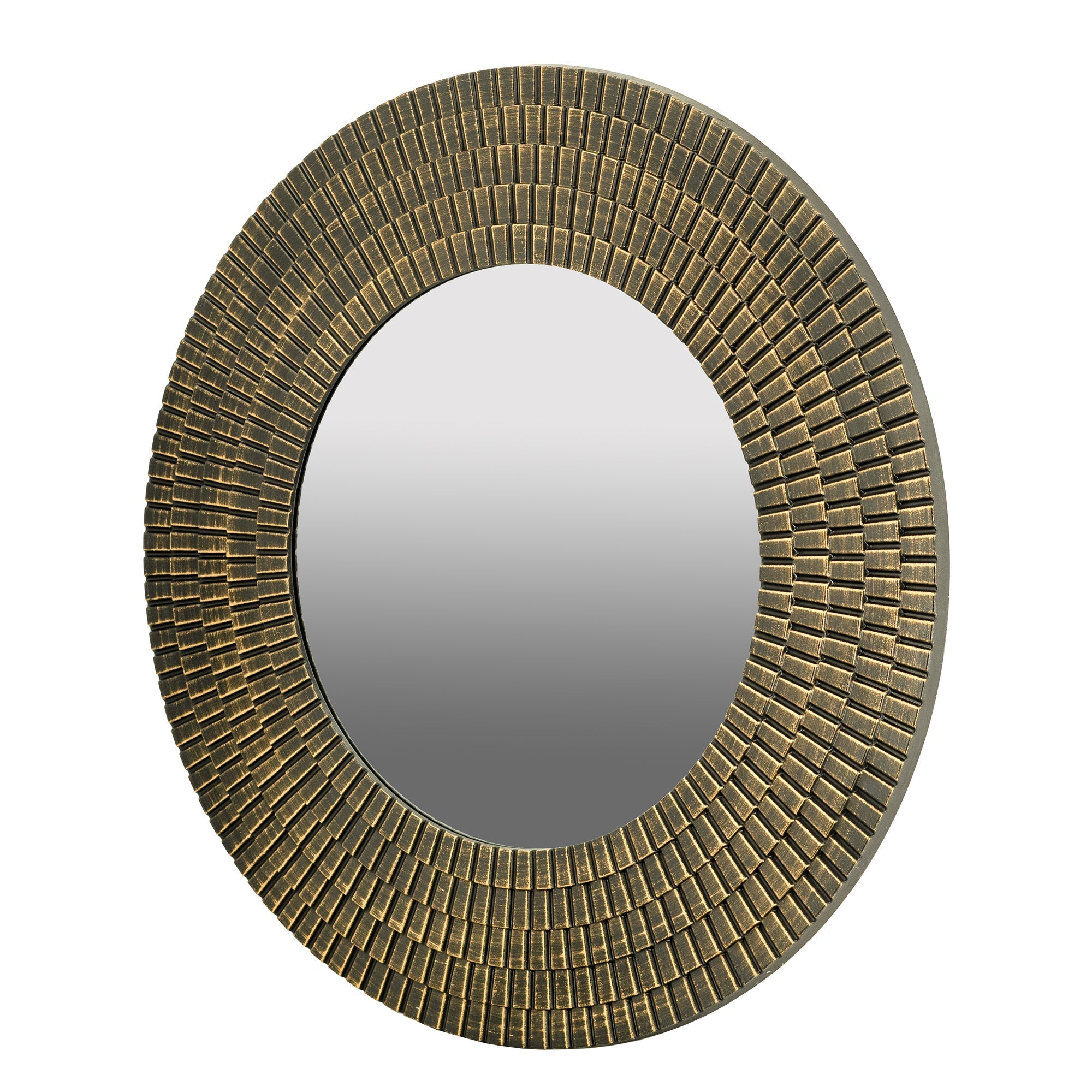 29.5" Round Gold and Black Wooden Accent Mirror with Woven Texture