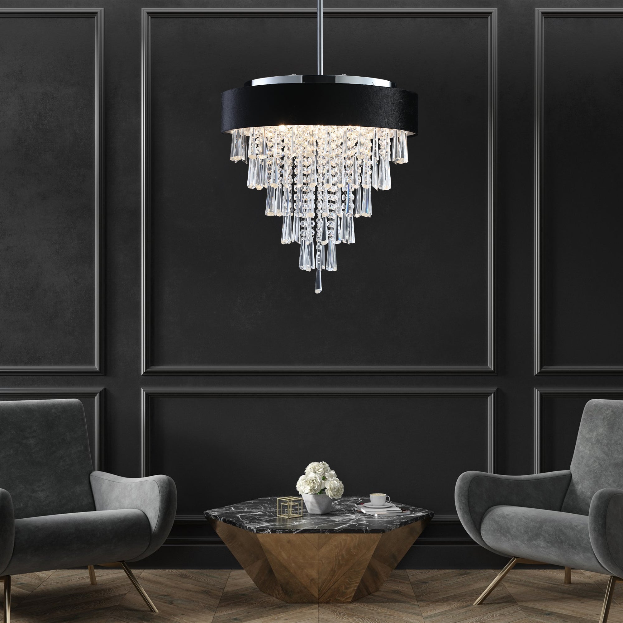 18-inch Modern Crystal Chandelier with Black Velvet Shade