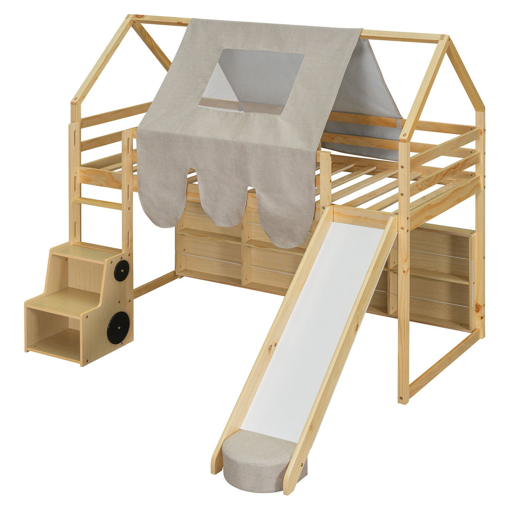 Loft Bed With House Shaped Frame And Tent