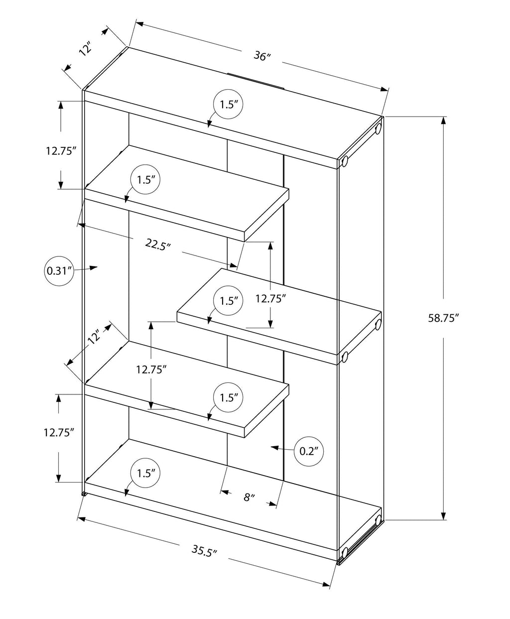 5-Tier Glossy White Bookshelf for Office and Home