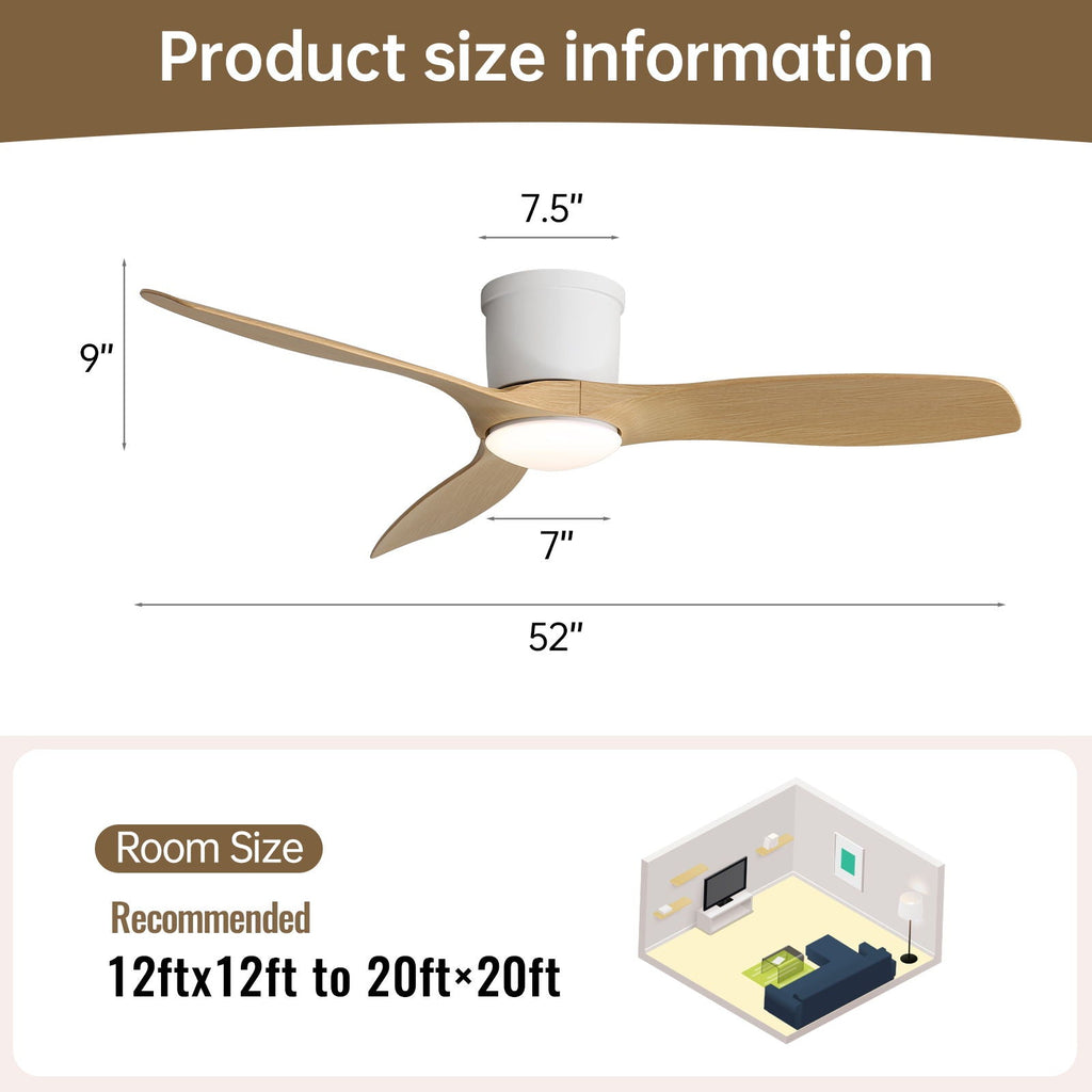 Flush Mount Ceiling Fan With Dimmable LED Light, 3 Blades, Reversible DC Motor