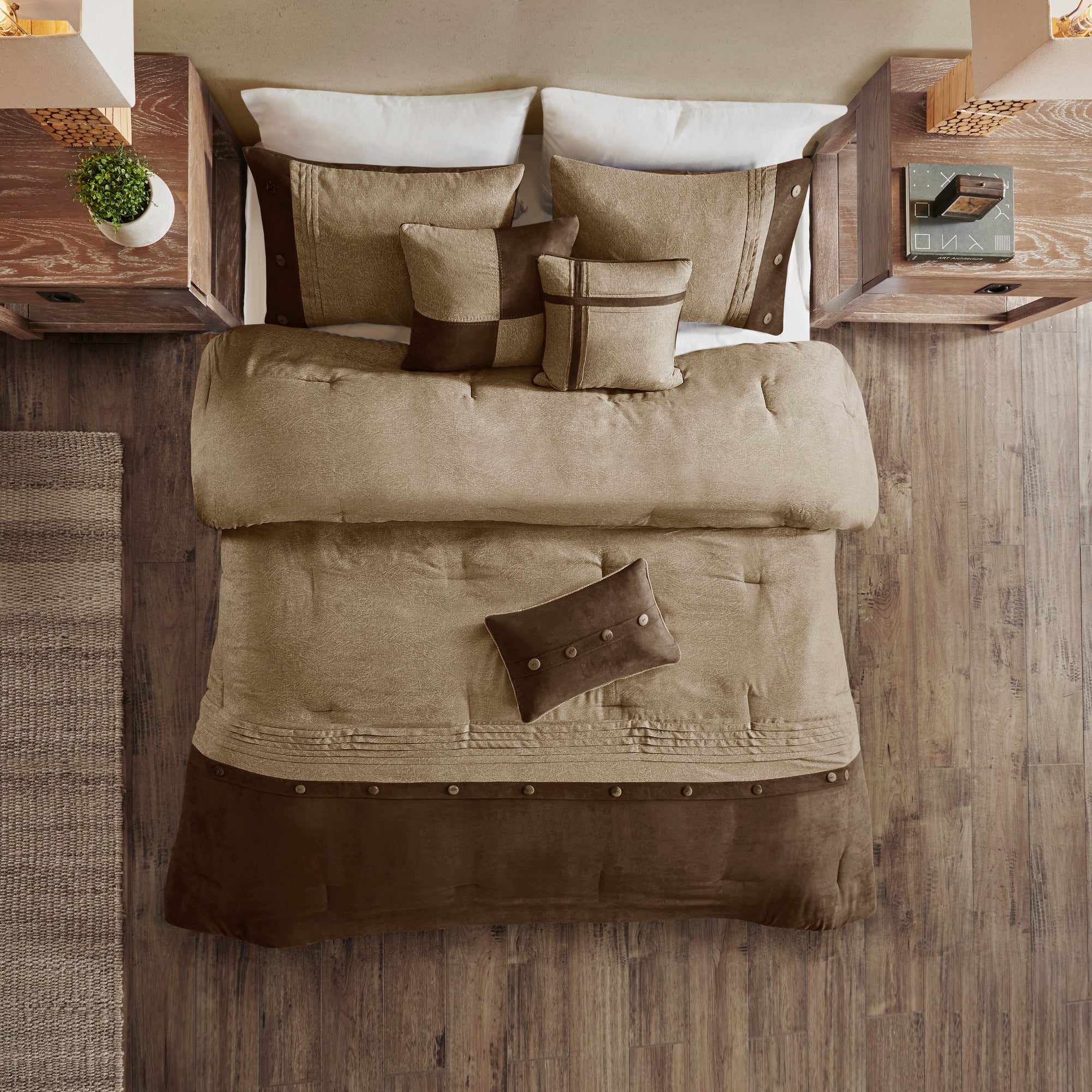 7 Piece Faux Suede Comforter Set Brown King
